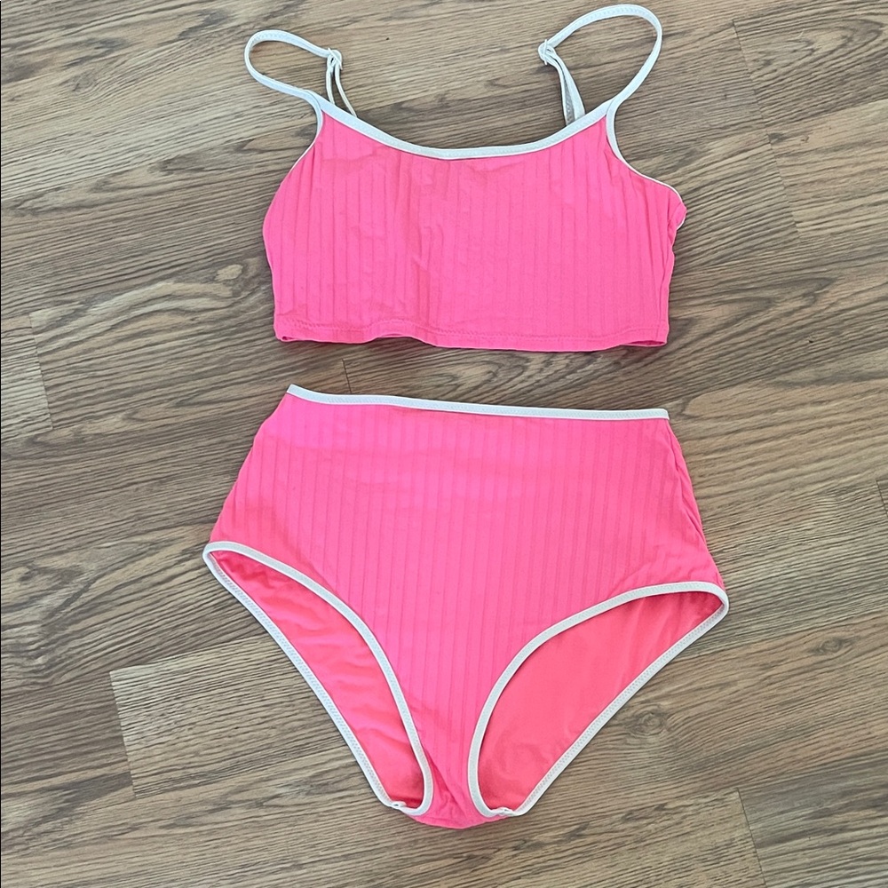 aerie Hot Pink Ribbed High-Waist Bikini Set with White Trim